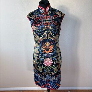 Women Chinese Style Cheongsam Mulberry Silk Dress Side Slits Dragon Size XL